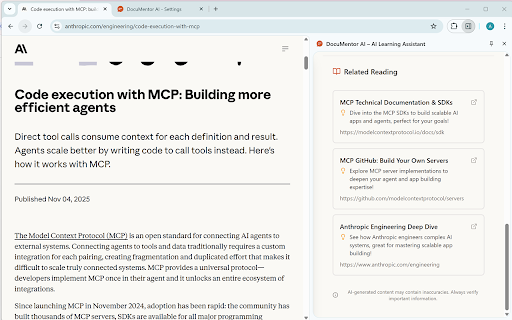 DocuMentor AI – AI Learning Assistant :: Instant AI analysis of technical content—no prompts required. One click for personalized summaries. 100% local, privacy-first.