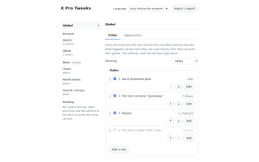 X Tweaks :: Filters the X Pro and x.com timelines: collapse, hide or highlight posts, read picture descriptions, search, and tidy the page.