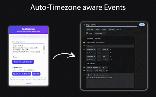 Text2Calendar — Text to Google Calendar (Auto-Timezone) :: Text to Google Calendar with auto-timezone. Highlight or paste text—AI finds date & time. One click to add your event.