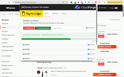 AliExpress Invoice Download :: Automatically finds order IDs, fetches invoice IDs, and generates invoice download links on AliExpress