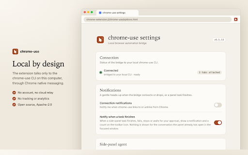 chrome-use :: Browser automation with the local chrome-use CLI and your local Codex, Claude Code, OpenCode or Pi agent.
