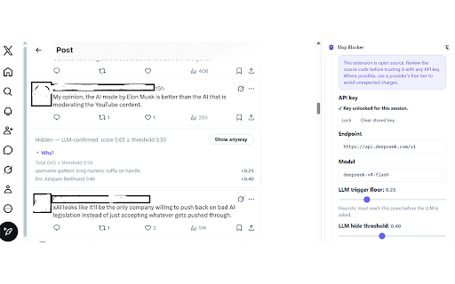 Slop Blocker :: Local-first browser extension that filters bots, AI-generated replies, and keyword-matched content on Twitter/X.