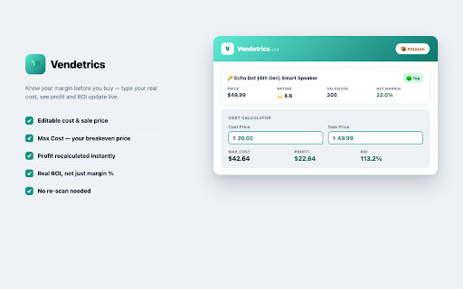 Vendetrics – Amazon, eBay & Walmart Product Research :: Amazon FBA & reseller tool: instant BSR, sales, profit margin, AI opportunity score & keyword research on Amazon, eBay, Walmart.