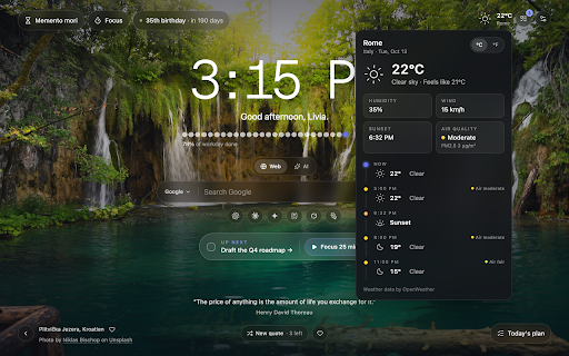 Morimantra New Tab :: A calm daily launchpad on every new tab: clock, search, daily mantra and scenery, weather, and your next task.