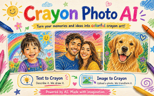 Crayon Photo AI - Best Crayon Art Generator :: Free Crayon Art Generator: Turn prompts or photos into crayon-style artwork directly in Chrome.