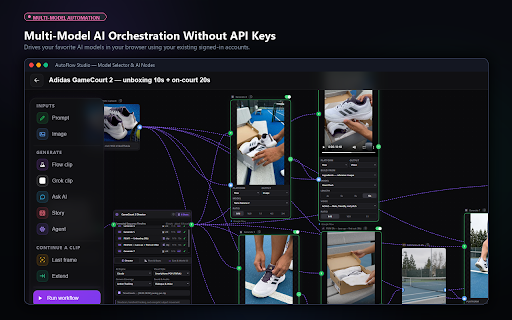 AutoFlow Studio — Node Workflows for AI Video :: Visual node workflows that automate multi-step AI video generation in your browser. Independent tool, no affiliation.