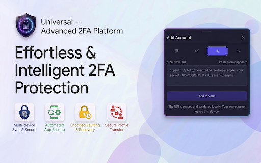 Authenticator — TOTP/HOTP Vault :: Secure 2FA authenticator. Generates TOTP/HOTP codes from an AES-256-GCM encrypted local vault. 100% private & client-side.