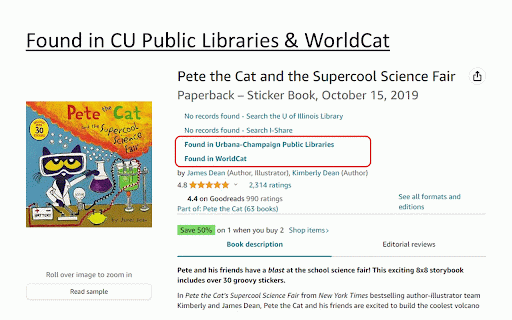 U of Illinois Library Amazon Browser :: On Amazon, this extension displays books available in the U of Illinois, I-Share, Champaign Public Libraries, and WorldCat.