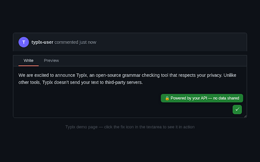 Typlx :: Privacy-first, open-source grammar checker. Advanced AI suggestions while your data stays under your control. No tracking.