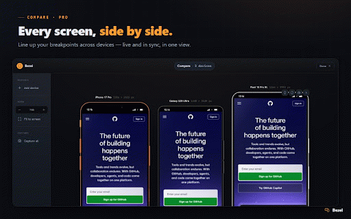 Bezel — Responsive Design Tester & Mobile Device Emulator :: Test responsive design on 90+ device frames, phones to foldables. Accurate touch, DPR & client-hint emulation. Free, no ads.