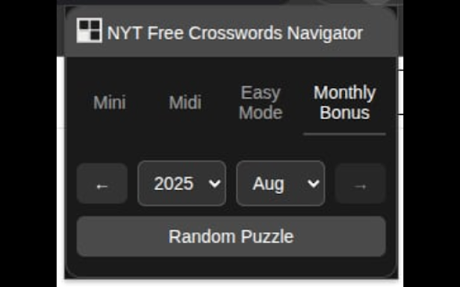 NYT Free Crosswords Navigator :: Quickly navigate the freely available NYT Crosswords' daily Mini, weekly Easy Mode, new Midi, or monthly Bonus puzzles.