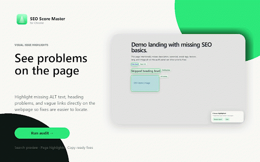SEO Score Master :: ✅ Audit any page in one click. Get SEO score, search preview, page highlights, and copy-ready fixes without leaving the page.