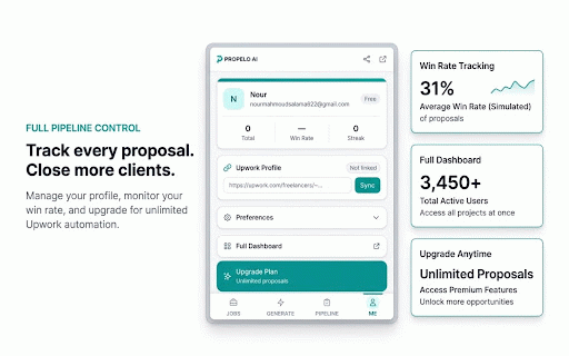 Propelo - AI Upwork Toolkit :: Generate winning Upwork proposals in 60 seconds. Your AI sales agent writes personalized bids that sound like you — and win.