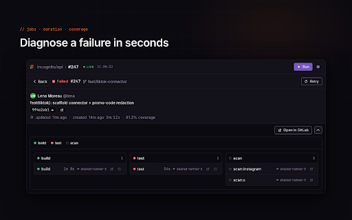 GitLab CI/CD for Chrome :: View & manage GitLab pipelines and jobs from your browser — run, cancel, retry, view logs.