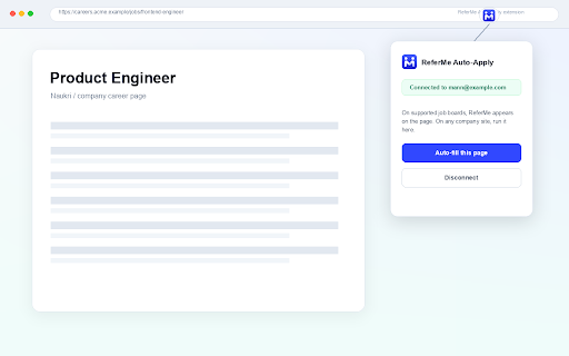 ReferMe Auto-Apply :: Auto-fills job applications on Indeed, Naukri, Foundit, and company career sites using your ReferMe profile.