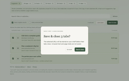 Tab Shelf :: Review stale tabs, save them before closing, and restore them when needed. Local only.