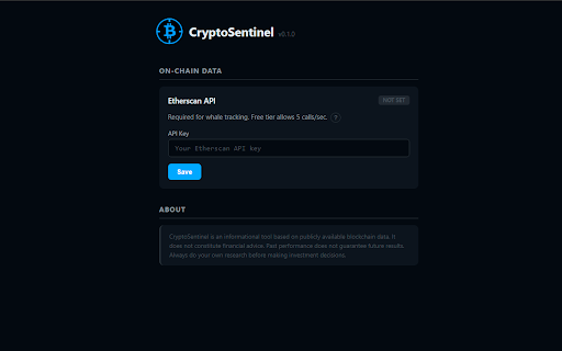 CryptoSentinel :: Crypto alerts & whale tracking hub. Real-time price alerts, on-chain whale movements, Fear & Greed Index — all in one extension.