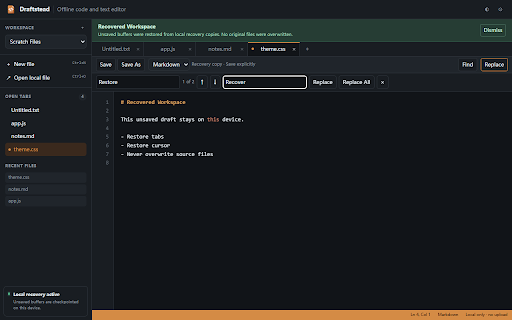 Draftstead – Offline Code Editor :: Edit code and text offline with tabs, syntax highlighting, and crash-safe local workspace recovery.