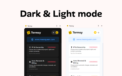 Termsy :: Automatically scans Terms of Service and Privacy Policy pages, highlights critical clauses, and presents them in a clean sidebar.