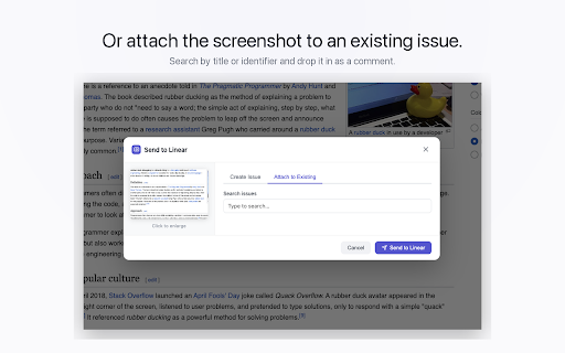 Linear Screenshot :: Capture any area of a webpage and send it to Linear as a new issue or attachment