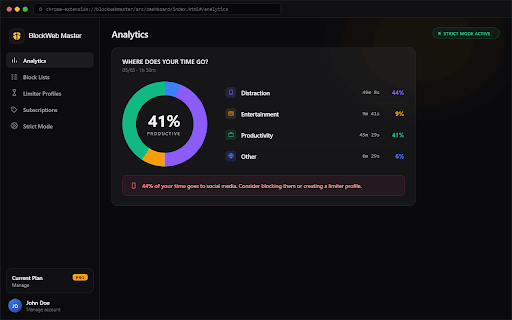 BlockWeb Master :: Block distracting websites, set time limits on social media, and stay focused with an unbreakable Strict Mode.