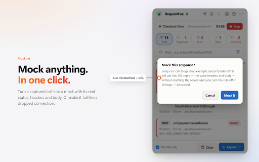 RequestFox – API Tester & Network Monitor: Capture, Replay, Mock :: See every API call as you test. Auto-flags failed, slow & duplicate requests. Replay, mock & export to Postman — free, 100% local.