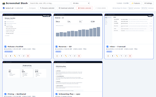 Screenshot Stash — Multi Screenshot & Full Page Capture :: Take multiple screenshots into a private local library: full page, visible tab or region. Annotate, copy, download or bulk-delete.