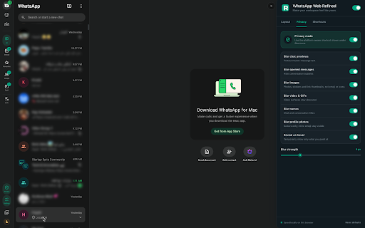 Refined WhatsApp™ Web :: Make WhatsApp Web calmer and more private with native-feeling layout controls, privacy blur, and keyboard shortcuts.