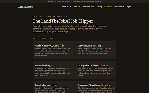 LandTheJobAI Job Clipper :: Clip any job posting — or your own LinkedIn profile — into LandTheJobAI for a tailored resume. Reads pages only on click.