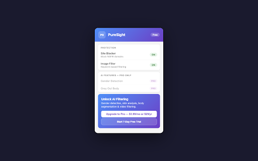 PureSight :: Blocks NSFW sites and filters immodest images using AI gender detection, skin analysis, and keyword heuristics. Free + Pro.