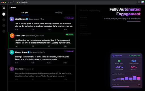 postmatic - AI Replies for X :: AI auto-engagement for X.com. Monitors your feed, generates contextual replies, and posts them with your approval.
