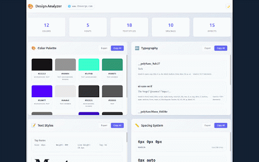 Design Analyzer - Extract Design Elements :: Extract colors, fonts, spacing, shadows & effects from any website. Export to CSS, JSON, Figma, Sketch. One-click design analysis.