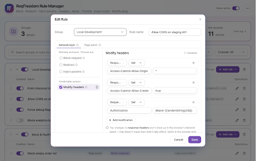 ReqFreedom :: Request debugging: block, redirect, inject params, modify headers, mock responses, throttle, modify body, insert script