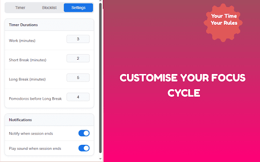 Tomato Timeout: PomoFocus™ :: Boost focus with pomodoro method timer & block distracting sites during work. Unblock during breaks. Customizable