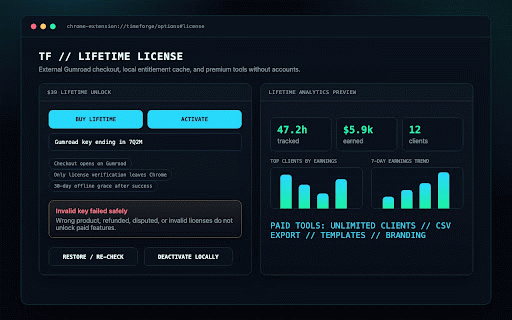 TimeForge - Auto Time Tracker + Invoices :: Auto-track billable time, review local sessions, and create PDF invoices. Free for 2 clients; Lifetime unlocks more.
