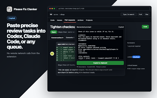 Please Fix Clanker :: Copy GitHub PR comments as clean AI worker prompts.