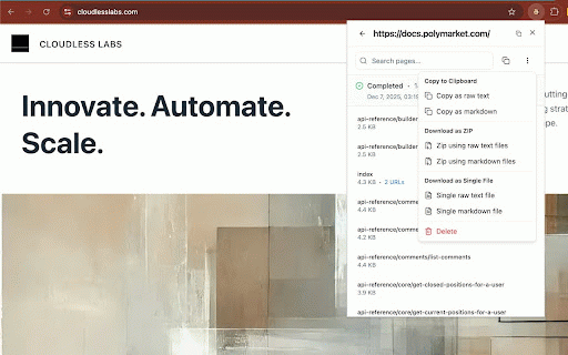 Webscribe by BobNinja :: Save web pages as clean markdown or text. Perfect for offline reading, AI assistants, and documentation research.