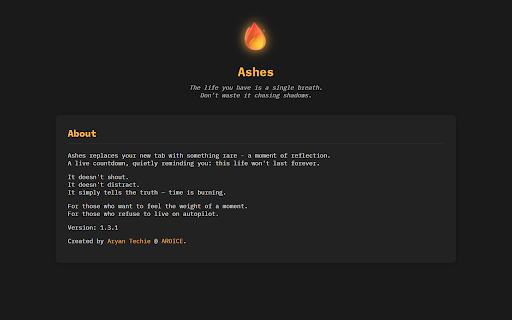 Ashes - New Tab :: A New Tab with advanced life expectancy calculation that helps you live with intention. Features lifestyle analysis.