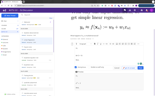 Edstension :: Suggests AI answers to forum questions, have real time Latex preview. Currently works on *.edstem.org & *.epfl.ch, more to come.