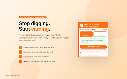 Frugal Tree for Creators :: For Amazon influencers & associates: know if a product is worth filming, find Creator Connections campaigns, track earnings.