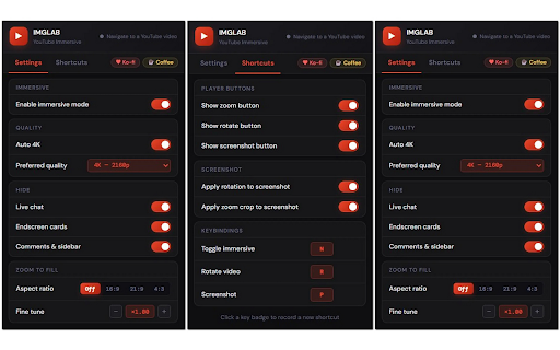 IMGLAB YouTube Immersive :: Distraction-free YouTube — hides navbar, chat, comments, and endscreen cards. Auto HD quality. Zoom to fill. Video only.