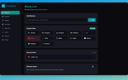 FocusGuard - Site Blocker :: Block distracting websites, boost productivity with schedules, focus mode, usage limits, and insights.