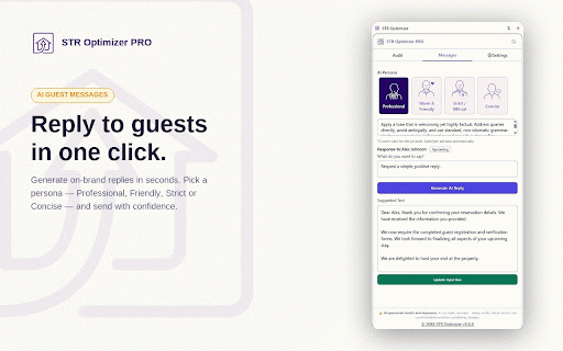 STR Optimizer: Native AI Messaging & SEO :: Native sidepanel helper to optimize short-term rental SEO, write automated guest reviews, and draft AI inbox replies instantly.