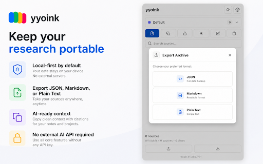 yyoink :: Save web Sources, organize them by Topic, and copy clean AI-ready Context with citations.