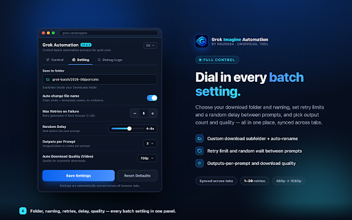 Batch Prompts & Auto Downloader for Grok Imagine — Grok Automation Tool :: Grok automation for Grok Imagine — batch prompts, bulk auto-download AI images & videos. Queue, auto retry, folders. Unofficial.