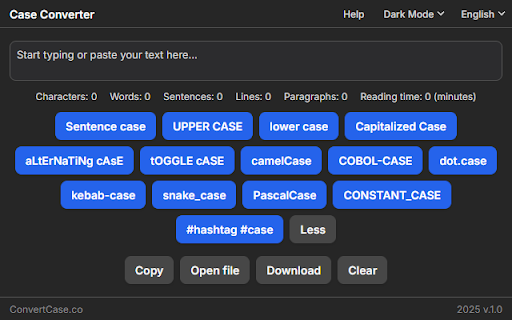 Case Converter :: Easily switch your text between formats like UPPERCASE, lowercase, Capitalized Case, camelCase, and more — all in one click.