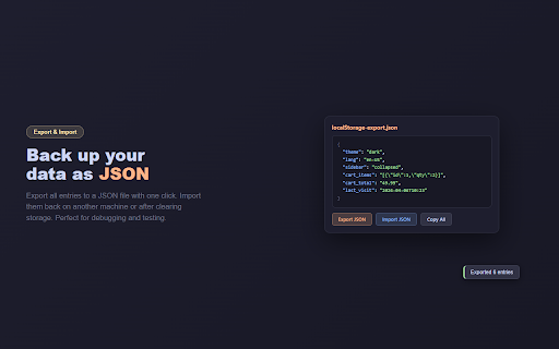 LocalStorage Manager :: View, edit, search, and export localStorage and sessionStorage entries for any page.