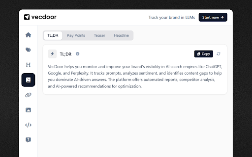 SEO & GEO Analyzer by Vecdoor :: Optimize pages for search engines & AI. Analyze keywords, headlines, schema & content for SEO & GEO.