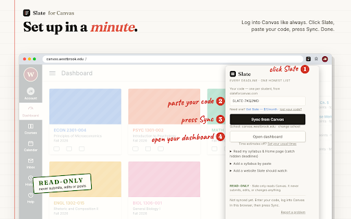 Slate for Canvas :: Every Canvas deadline plus the ones hiding in your syllabus, with a plan for tonight and times that learn your pace. Read-only.
