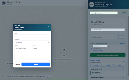 GW WhatsApp Capture :: Captura selectiva de conversaciones de WhatsApp Web y registro en Zoho CRM.